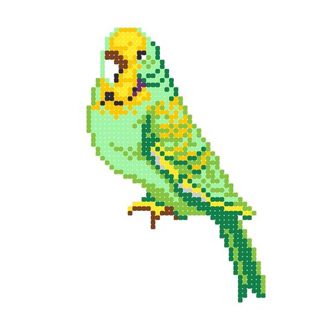 Green pixel art budgie || pixel art bird || perler/ Hama bead template Green Pixel Art, Bird Pixel Art, Pixel Beads, Hama Bead, Tapestry Crochet Patterns, Beaded Jewlery, Iron Beads, Pixel Pattern, Pixel Art Pattern