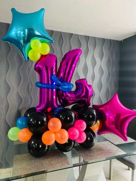 Neon Balloon Bouquet, Neon Balloon Decorations, Glow Theme Party, Roblox Birthday Cake, Miraculous Ladybug Party, Glow Birthday Party, Rock Star Party, Glow Birthday, Ladybug Party