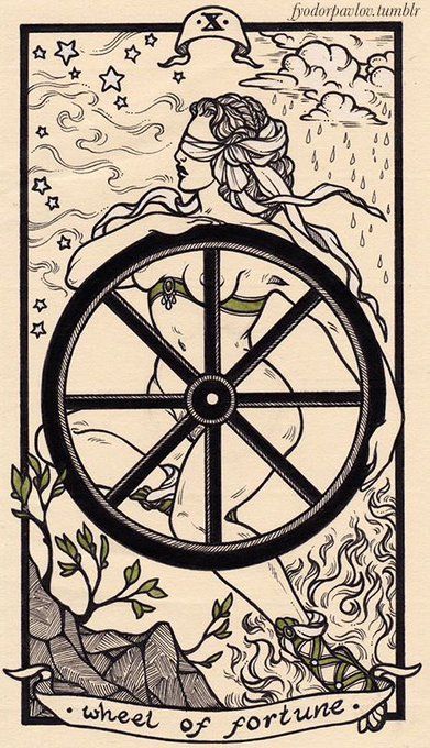 Sudden changes. Good fortune. Keep turning. Go with the flow. #tarot #witchy #witchcraft The Wheel Tarot, Wheel Of Fortune Art, Fyodor Pavlov Tarot, Fyodor Pavlov, Wheel Of Fortune Tarot, Anne Bonny, Tarot Tattoo, Tarot Major Arcana, Tarot Cards Art