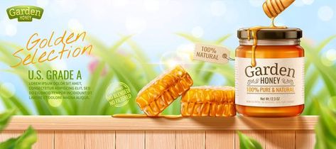 Honey Illustration, Honey Store, Grass Background, Honey Design, Modern Garden Design, Website Banner, Wooden Fence, Honey Jar, Natural Honey