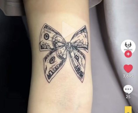 Money Bow Tie Tattoo, Money Bow Tattoo, Money Sign Tattoo, Bow Tie Tattoo, Dollar Tattoo, Stick Poke, Stick Poke Tattoo, Money Tattoo, Ribbon Tattoos