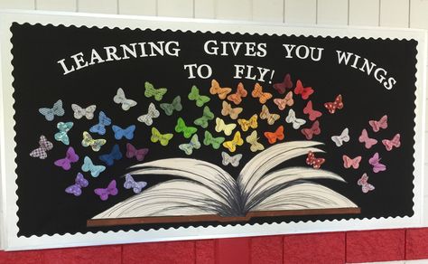 School Ground Decoration Ideas, Craft Ideas For School, Book Related Bulletin Boards, Elementary School Library Bulletin Board Display Ideas, School Door Decorations Book Theme, Reading Gives You Wings Bulletin Board, Learning Gives You Wings To Fly Bulletin Board, Library Spring Displays, School Wall Art Ideas