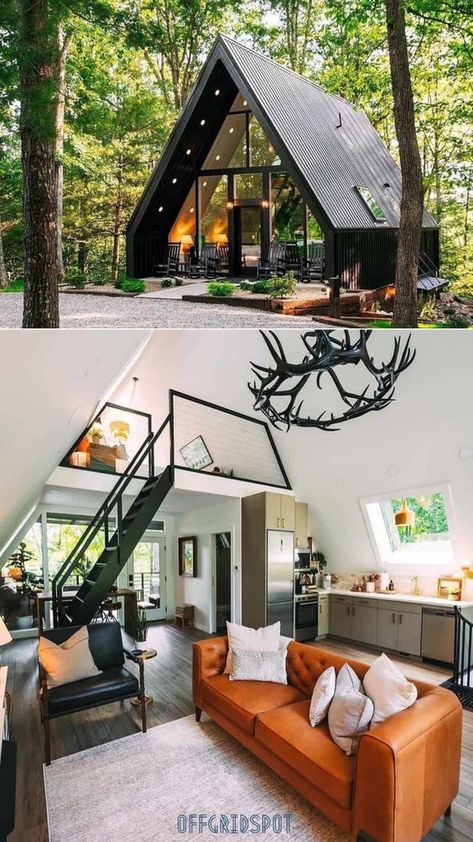 Delightful A-Frame Style Tiny House Cabin Modern Small Cabin Design, A Frame Tiny House Interiors, French Country Tiny House, A Frame Barndominium, Tiny House A Frame, Small A Frame Cabin Plans, A Frame Cabin Interior, A Frame Tiny House, Small A Frame Cabin