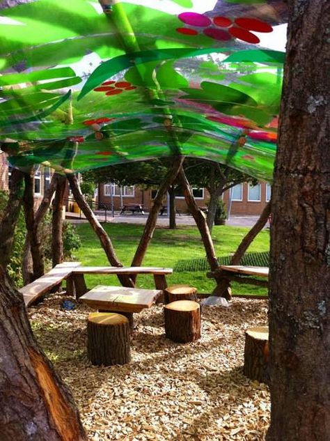 Outdoor Classroom Seating, Leaf Shading, Eyfs Outdoor, Natural Play Spaces, Kid Friendly Backyard, Deck Cover, Outdoor Learning Spaces, Outdoor Play Spaces, Kids Backyard