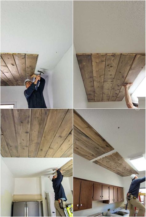 Follow along as we make the ultimate DIY wood ceiling with beams. Kitchen With Pine Ceiling, Rustic Beams Ceiling, Wood Plank Ceiling Living Room, Wood Board Ceiling, Wood Ceiling With Beams, Farmhouse Wood Ceiling, Ceiling Beam Ideas, Diy Wood Ceiling, Georgia Cottage