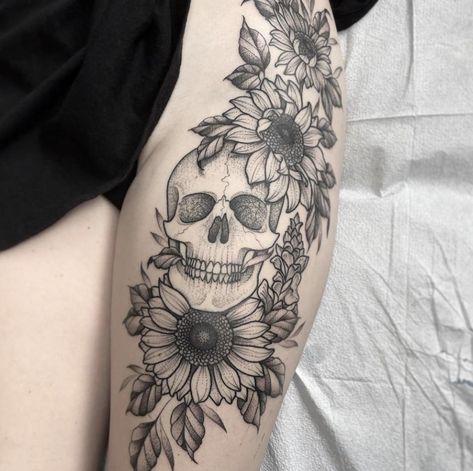 Sunflowers And Skulls Tattoos, Sunflower And Skull Tattoo, Skull And Sunflower Tattoo, Sunflower Skull Tattoo, Side Thigh Tattoos Women, Skull Thigh Tattoos, Tat Inspiration, Side Thigh Tattoos, Bookish Tattoos