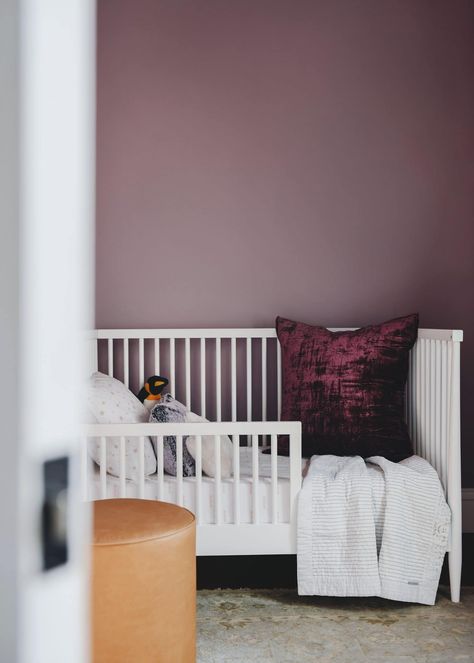 Purple Painted Room, Dark Pink Nursery, Purple Toddler Bedroom, Purple Playroom, Purple Toddler Room, Purple Kids Bedroom, Dark Purple Room, Mauve Nursery, Purple Wall Color