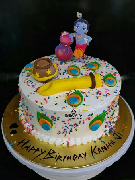 Krishna birthday theme cake.. Happy Birthday Krishna Cake, Happy Birthday Kanha Ji, Janamstmi Cake, Krishna Birthday Theme, Krishna Theme Cake, Holi Cake, Rice Ceremony, Krishna Birthday, Boys First Birthday Cake