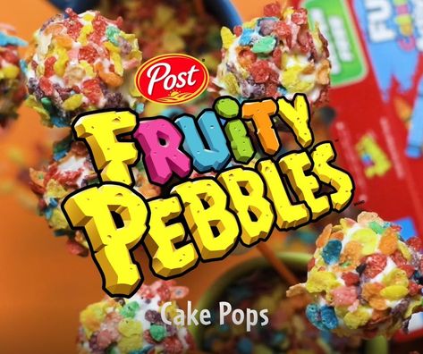 Fruity PEBBLES™ Cereal Cake Pops Recipe | Post Consumer Brands Fruity Pebble Cake, Fruity Pebbles Cake, Pebbles Cake, Cereal Cake, Cake Pops Recipe, Fruity Pebbles Cereal, Pebbles Cereal, Fruity Pebble, Colorful Cake