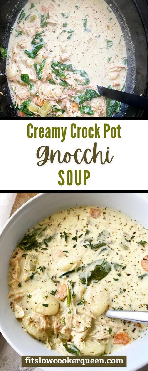 Crockpot chicken gnocchi soup is a creamy & comforting soup inspired by Olive Garden. You can use leftover chicken or cook the chicken directly in the slow cooker. Instructions to make this easy gnocchi soup in the Instant Pot are also included. This is a great recipe to use up some leftover chicken (or turkey) Crock Pot Gnocchi, Easy Gnocchi Soup, Crockpot Chicken Gnocchi, Crockpot Chicken Gnocchi Soup, Easy Gnocchi, Use Leftover Chicken, Crockpot Stew, Queens Food, Leftovers Soup