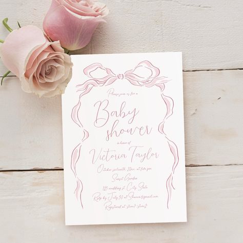 $1.99 | Elegant Pastel Pink Hand Drawn Bow Baby Shower Invitation #babygirlbabyshowerinvitations #sweethanddrawnribbonbow #elegantmoderntypography #romantichandwrittenscript #uniquefuntrendywhimsical #casualelegancecoquettebow #quirkydoodlescribbleillustrations #softpasteldustyblushpink #personalizedbabyshowerinvites Ash Baby, Bow Invitation, Whimsical Baby Shower, Blush Pink Baby Shower, Pastel Bows, Bow Baby Shower, Baby Shower Labels, Baby Shower Favors Girl