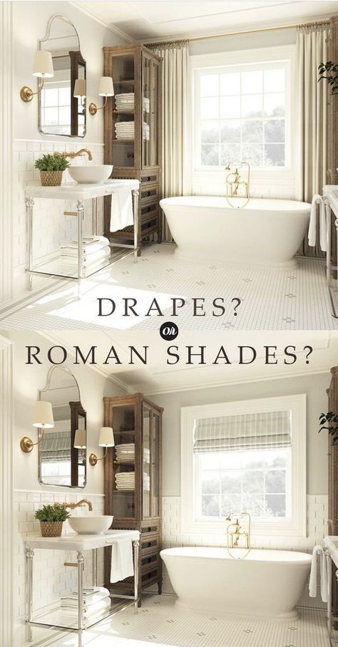 Drapes In Bathroom Master Bath, Bathroom Drapes Over Tub, Window Above Bathtub, Window Above Toilet, Bath Window Treatments, Large Window Treatments, Bath Window, Bathroom Window Treatments, Bathroom Blinds