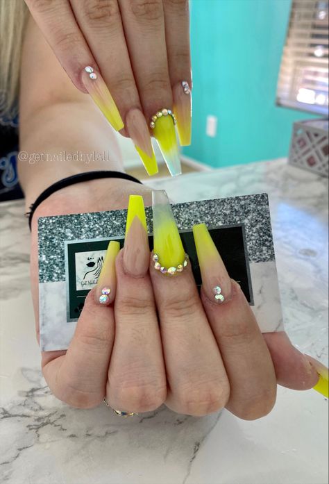 Neon nails, ombre nails,yellow nails, coffin nails, long nails Neon Nails Ombre, Ombre Nails Yellow, Yellow Long Nails, Yellow Ombre Nails, Diamond Nail Designs, Neon Yellow Nails, Neon Acrylic Nails, Lemon Drops, Nails Ombre