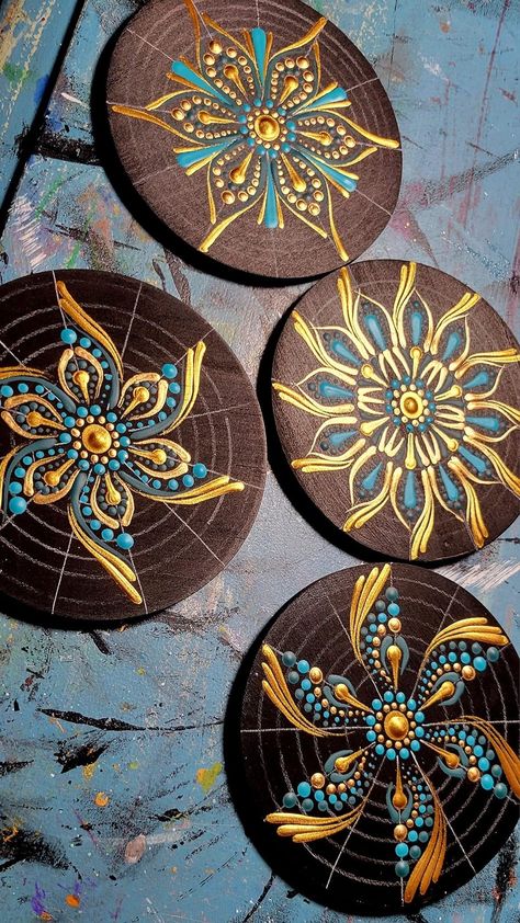 Dot Mandala On Coaster, Mandala Coasters Painted, Dot Art Coasters, Dotting Art, Sacred Geometry Patterns, Mandala Painted Rocks, Mandala Rock Art, Mandala Art Therapy, Mandala Rocks