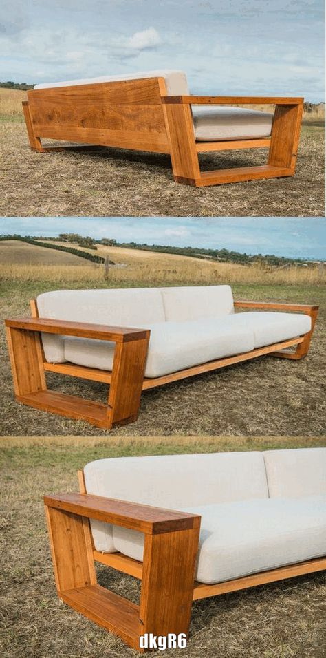 Wood Frame Couch, Homemade Sofa, Outdoor Sofa Diy, Wooden Couch, Wooden Sofa Set Designs, Wooden Sofa Designs, Pallet Sofa, Wooden Sofa Set, Free Woodworking Plans