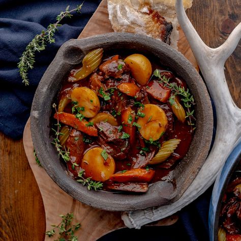 Dutch Oven Venison Stew | Peak to Plate Mushroom Hand Pies, Dutch Oven Sourdough Bread, Beer Gravy, Dutch Oven Sourdough, Venison Stew, Venison Roast, Irish Cheddar, Wedding Soup, Homemade Pie Crusts