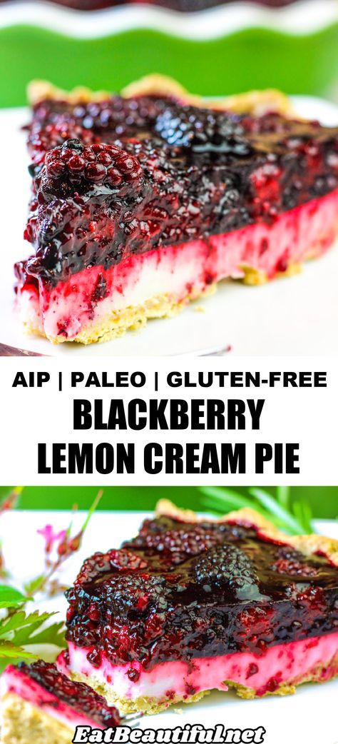 Blackberry Lemon Cream Pie is temptingly beautiful with two delicious layers of filling. You'll love this tart, sweet, but not-too-sweet, fruity treat year round. Use fresh or frozen blackberries. Paleo, AIP and Gluten-free. | Eat Beautiful | paleo | aip | gluten free | pie | blackberry pie | lemon pie | paleo pie recipes | aip pie recipes | gluten free pie recipes | egg free | nut free | dairy free | gelatin | snacks || #paleo #aip #glutenfree #eggfree #pie #blackberry #lemon #tigernut Aip Pie, Gluten Free Pie Recipes, Paleo Pie Recipes, Gluten Free Pies Recipes, Paleo Pie, Lemon Cream Pie, Aip Baking, Blackberry Lemon, Primal Living