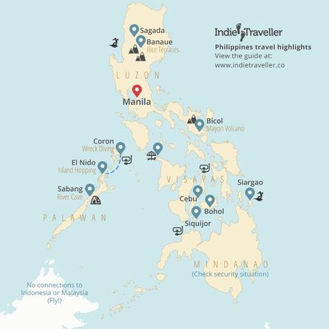 Map of top places for backpacking in the Phillipines Phillipines Itinerary, Philippines Itinerary, Phillipines Travel, Backpacking For Beginners, Philippines Vacation, Philippine Map, Philippines Travel Guide, Backpacking Guide, Banaue