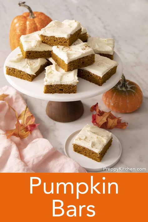 Moist pumpkin bars with cream cheese frosting are the perfect fall treat! They’re quick and delicious, and you’ll love the combination of warm spices and tangy cream cheese frosting. Moist Pumpkin Bars, Kitchen Preppy, Pumpkin Bars Recipe, Best Frosting, Pumpkin Bars With Cream Cheese, Bars With Cream Cheese Frosting, Pumpkin Spice Treats, Bars With Cream Cheese, Pumpkin Kitchen