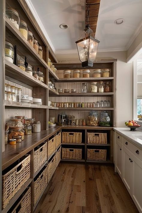 Pantry Lights Ideas, Walk In Pantry Wallpaper, Butler's Pantry Ideas, Walk In Pantry Ideas, Warm Farmhouse, Pantry Lighting, Pantry Closet Design, Dream Pantry, House Pantry