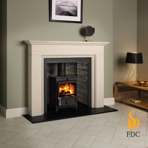 FDC Abingdon Fire Surround in veined Portuguese limestone, Rustic Slate tile chamber, Honed and oiled slate hearth and slips, and FDC4 Eco multifuel stove Cottage Fireplace Ideas, Limestone Fireplace Surround, Wood Burner Fireplace, Wood Burning Stoves Living Room, Log Burner Fireplace, Granite Hearth, Sandstone Fireplace, Cottage Fireplace, Slate Fireplace