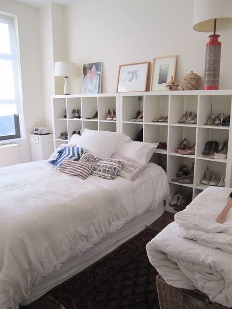 8 IKEA products you can use as shoe storage. Perfect for small spaces or just adding a little interest to your room or closet. Try these today to organize your favorite footwear. Shoe Storage Apartment, Cube Storage Bedroom, Shoes Organization, Shoe Organization Diy, Shoe Storage Small Space, Ikea Apartments, Diy Shoe Storage, Amazing Bedroom Designs, Headboard With Shelves