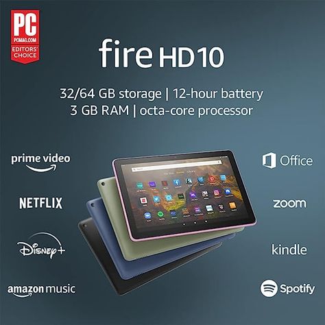 BRIGHT DISPLAY - Clear 10.1" 1080p Full HD display with more than 2 million pixels. Fire HD 10 is almost 20% brighter than Samsung Galaxy Tab A8 (2022). LONG LASTING BATTERY - 12-hour battery and 32 or 64 GB internal storage. Add up to 1 TB with microSD (sold separately). Amazon Fire Hd 10 Tablet, Amazon Fire Tablet, Galaxy Tab A8, Samsung Galaxy Tab A8, Fire Tablet, Check Email, Prime Day Deals, Amazon Devices, Fire Hd