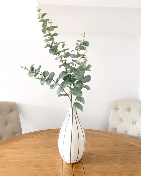 Tall Vase With Eucalyptus, Kitchen Table Centerpiece Ideas, Eucalyptus Centerpiece, Black And White Vase, Kitchen Table Centerpiece, Faux Eucalyptus, House Updates, Faux Flower Arrangements, Reno Ideas