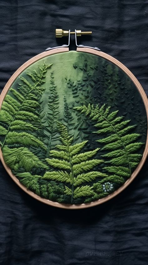 Creative Textiles Ideas, Embroidery Green Fabric, Fiber Arts Aesthetic, Hand Embroidery Art Design, Forest Embroidery Designs, Cool Embroidery Patterns, Large Embroidery Designs, Home Decor Embroidery Ideas, Embroidery Inspo Aesthetic