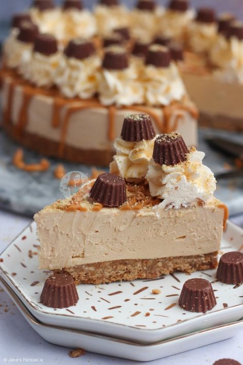 No-Bake Peanut Butter Cheesecake! - Jane's Patisserie Peanut Butter And Cream Cheese, Best No Bake Cheesecake, Peanut Butter Cheesecake Recipes, Janes Patisserie, Biscoff Cookie Butter, Coconut Cheesecake, Coconut Peanut Butter, Peanut Butter Cheesecake, Digestive Biscuits