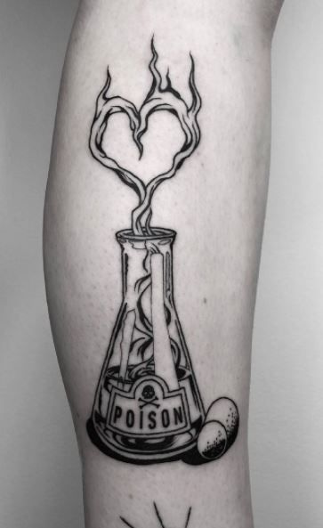 Prescription Bottle Tattoo, Poison Love Tattoo, Poison Vile Tattoo, Poison Bottle Tattoo Design, Potion Bottle Tattoo Design, Goth Tattoos For Women, Apothecary Tattoo, Love Potion Tattoo, Poison Bottle Tattoo