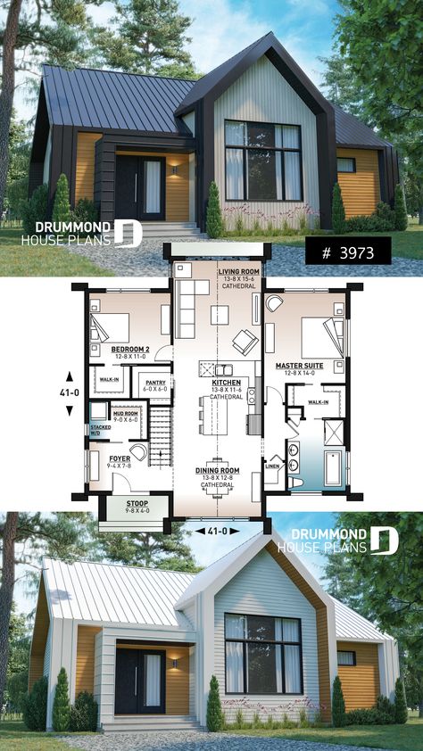 Scandinavian Cottage, Small Cottage House Plans, Drummond House Plans, Small Cottage Homes, Casas The Sims 4, Sims House Plans, Lake House Plans, Sims House Design, Cottage Plan