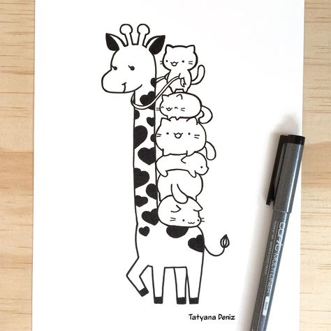 Cute and funny drawing of a cat pile riding a giraffe Fun Pictures To Draw, Funny Pictures To Draw, Giraffe Drawing, Doddle Art, Kawaii Drawing, Arte Doodle, Doodle Art Journals, Animal Doodles, Doodle Art Drawing