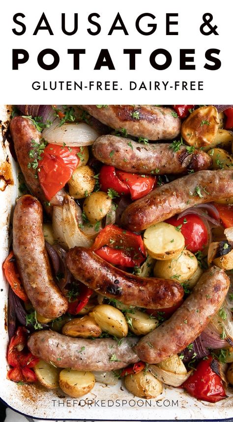 Easy Oven-Roasted Sausage and Potatoes. Simple and delicious, this one-pan Sausage and Potatoes Recipe is filled with onion, sweet Italian sausage, bell peppers, and baby potatoes. Enjoy this hearty, family-friendly dinner as a quick weeknight meal and enjoy the leftovers for meal prep the next afternoon. Italian Sausage Peppers Onions Potatoes, Sausage And Peppers Potatoes Oven, Sausage Potatoes And Peppers Sheet Pan, Apple Sage Sausage Recipe, Italian Sausage Recipes Oven, Sausage Potatoes Peppers And Onions, Italian Sausage Potato Recipes, Oven Baked Sausage And Potatoes, Italian Sausage And Potatoes Skillet