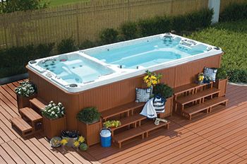 Dressed Up Swim Spa Deck, Swim Spa Landscaping, Spa Landscaping, Backyard Spa, Hot Tub Landscaping, Hot Tub Swim Spa, Portable Pools, Swim Spas, Endless Pool