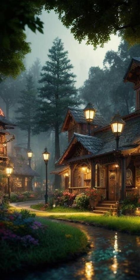 Forest House Wallpaper, Forest Village Fantasy Art, Fantasy Village Art, Beautiful Forest Wallpaper, Village In Forest, Rain Forest Wallpaper, Fantasy Lamp, Fantasy Street, Fantasy Forest Landscape