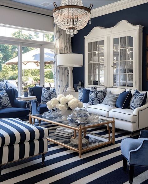 Blue House Interior, Blue And White Decorating Ideas, Downstairs Bedroom, Blue And White Living Room, Navy Blue Living Room, White Couch, Luxury Living Room Decor, Blue Living Room Decor, Blue White Decor