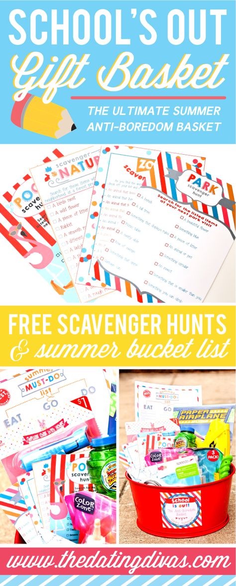 Thank goodness! My kiddos will LOVE this! And I will love that they are busy! First Day Of Summer Gift For Kids, Last Day Of School Baskets For Kids, Summer Basket For Kids, Buckets Of Fun Printable Tags Free, Kids Summer Basket, Welcome To Summer Basket For Kids, Summer Gift Baskets, Schools Out For Summer, Summer Basket