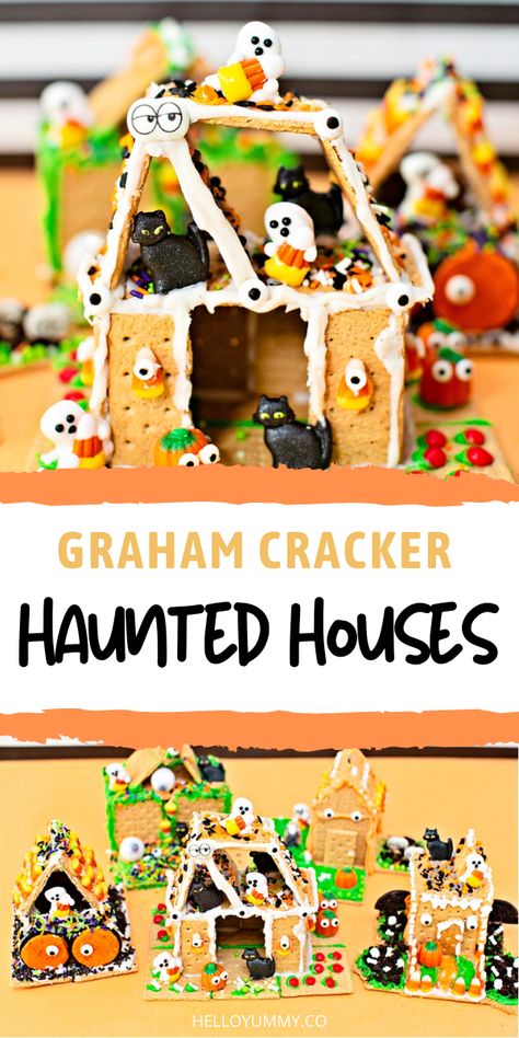 Graham Cracker Haunted Houses. Spooky and cute Halloween treat for kids #helloyummy Graham Cracker House, Haunted Gingerbread House, Halloween Gingerbread House, Halloween Houses, Spooky Halloween Food, Fun Halloween Treats, Halloween Treats For Kids, Halloween Party Decorations, Halloween Activities For Kids