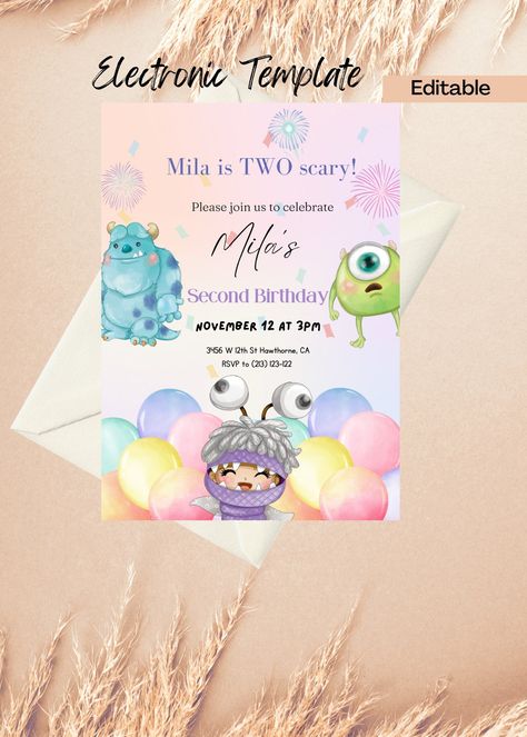 Monsters Inc Second Birthday Invitation, Digital and Printable Monsters Inc Invite by XpressInvites on Etsy Two Scary Birthday Party Monsters Inc, Monster Inc Party Ideas 2nd Birthday, Monsters Inc Second Birthday, Monster Inc Birthday Theme, Second Birthday Theme Ideas, Monsters Inc Birthday Invitations, Monsters Inc Birthday Party Ideas 2nd, Monsters Inc Boo Birthday Party Ideas, Monsters Inc 2nd Birthday Party