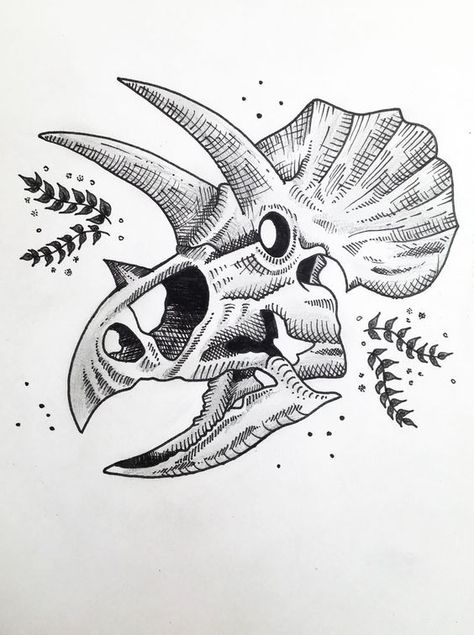 Cool Dinosaur Drawings, Dino Skull Drawing, Triceratops Skull Tattoo, Dinosaur Head Drawing, Dinosaur Skull Drawing, Scientific Illustration Tattoo, Dinosaur Skull Tattoo, Dinosaur Tattoo Ideas, Animal Skull Drawing