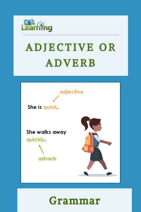 K5 Learning describes the difference between adjectives and adverbs. Adjective And Adverb Worksheets, Verb Examples In Sentences, Adverbs Game, Examples Of Adjectives, Adverbs Worksheet, Short Skits, Verb Examples, English Grammar Worksheets, Grammar Worksheets