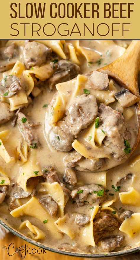 slow cooker beef stroganoff with mushrooms and a wooden spoon Stroganoff Slow Cooker, Crock Pot Stroganoff, Slow Cooker Beef Stroganoff Recipe, Creamy Beef Stroganoff, Venison Stroganoff, Traditional Beef Stroganoff, Beef Stroganoff Crockpot, Beef Stroganoff Recipe, Slow Cooker Beef Stroganoff