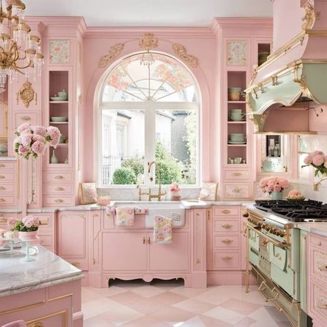 Pink Kitchen Aesthetic Vintage, Shabby Chic Design Interior, Pink Shabby Chic Kitchen, Light Pink And Green Kitchen, Luxury Pink Kitchen, Dream Cottage Living Room, Feminine Kitchen Design, Pink Cottage Kitchen, Pink Girly House