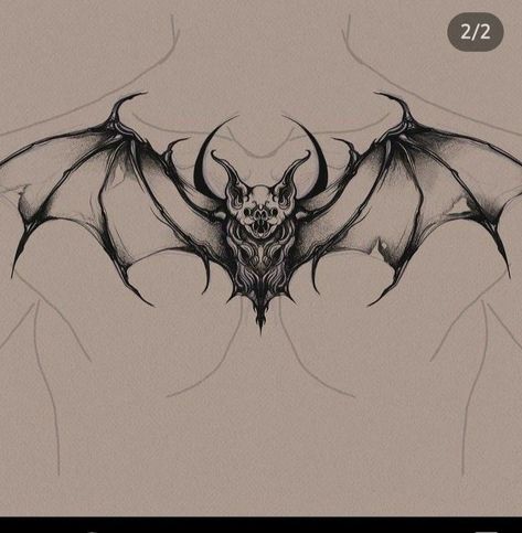 Mens Black Out Tattoo, Skeletal Bat Tattoo, Edgy Chest Tattoos For Women, Spooky Bat Tattoo, Neotraditional Bat Tattoo Design, Thigh Bat Tattoo, Bat Chest Tattoo Men, Dark Wings Tattoo, Bat Illustration Vintage