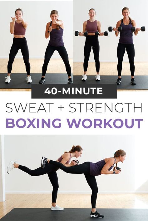 40-Minute Strength + Kickboxing At Home (Video) | Nourish Move Love Easy Exercises For Beginners At Home Strength Training, 40 Minute Workout At Home, Kickboxing Hiit Workout, Kickboxing Exercises, Kickboxing Drills, Kickboxing At Home, Kickboxing Workout At Home, Cardio Kickboxing Routine, Boxing Hiit Workout