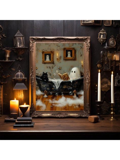 Ghost Reading Book In Bathtub Poster, Ghost And Black Cat Bubblebath Print, Spooky Halloween Wall Art, Whimsigoth Print , Set Of 1 , Canvas Posters, Canvas Wall Decor For Home, Living Room, Bed Room, Kitchen ,Bathroom Multicolor Modern   Canvas Animal Unframed Painting,Framed Picture   Home Decor, size features are:Bust: ,Length: ,Sleeve Length: Ghost Reading Book, Halloween Living Room Decor, Halloween Living Room, Ghost Reading, Casa Halloween, Fantasy Worlds, Decor Baie, Halloween Wall Art, Vertical Poster