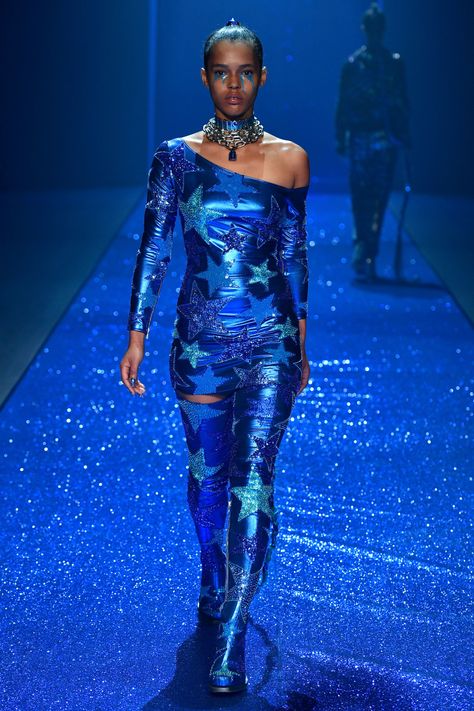 Di$count Universe | Cruise 2017 | Look 14 Space Look Fashion, Blue Metalic Outfit, Metallic Blue Outfit, Galaxy Theme Fashion Show, Galactic Cobalt Fashion, Space Fashion Editorial, Galactic Glamour, Galaxy Mood Board Fashion, Crazy Fashion Outfits