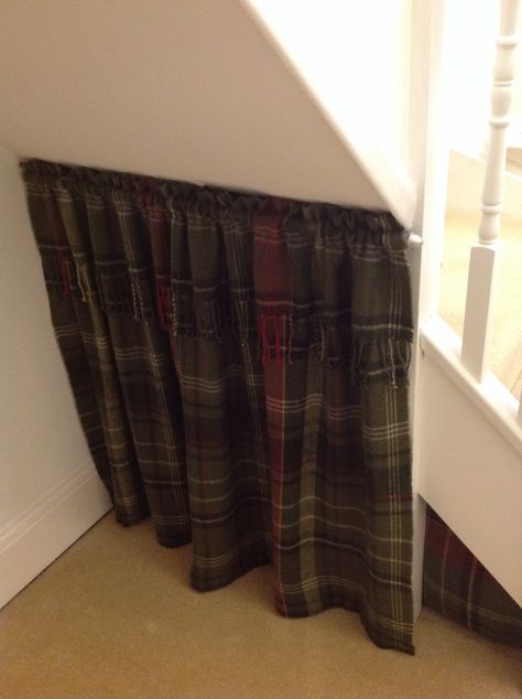 Reused throw to make curtain for under stairs cupboard. Curtain Under Stairs, Stairs Curtain, Curtain Storage, Under Stairs Closet, Stairs Closet, Stairs Storage, Under Stairs Cupboard, Under The Stairs, Understairs Storage