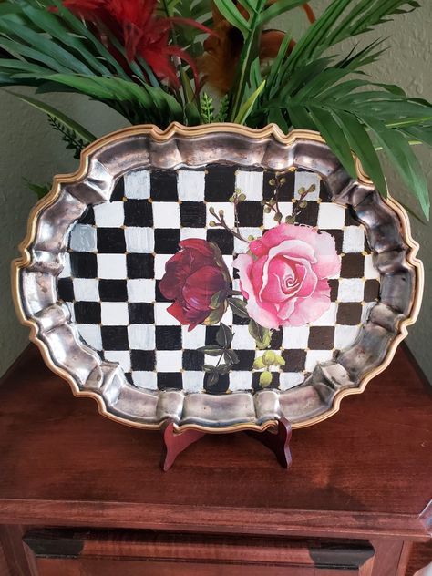 Black and white checked silver tray Silver Trays Decor Ideas, Silver Tray Decor, Tray Makeover, Mackenzie Childs Diy, Gold Leaf Paint, Easy Crafts To Sell, Mackenzie Childs Inspired, Mckenzie And Childs, Cottage Core Decor